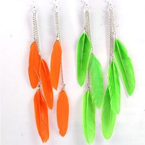 1Pair Long Tassels Chain Green Blue Feather Earrings Cute Dangle Earring For Angel Wing Women Girl Summer Gift