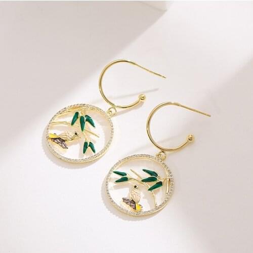 Chinese Style Retro Cute Dripping Oil Swallow Bird Hollow Fresh Bamboo Leaf c-Shaped Elegant Sweet Earrings Female