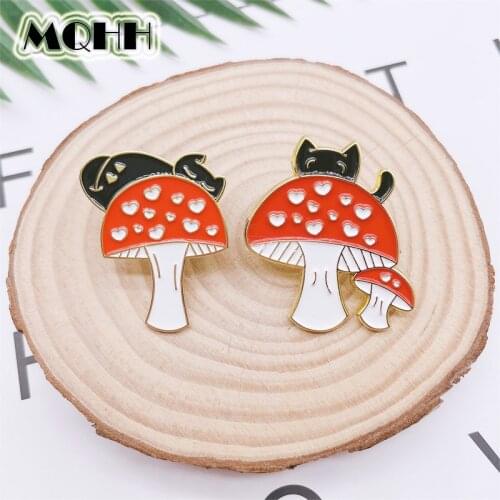 Cartoon Sweet Love Red Mushroom Enamel Pins Animal Black Cat Brooch Alloy Badge Cute Accessories Woman Jewelry Gift For Friends