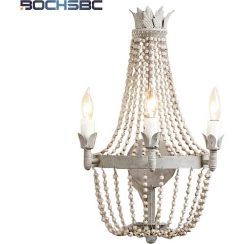 BOCHSBC French Crystal Wall Light Retro Style Wooden Beads Art Lamp Light Apply To Kitchen Dining Room Bed Room Aisle Staircase