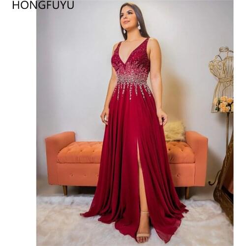 HONGFUYU V-neck Formal Evening Dresses with Crystals Long A Line Chiffon Prom Party Gowns vestidos de festa Side Slit elegantes