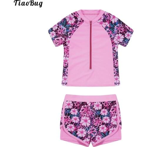 TiaoBug Summer 2Pcs Kid Girls Swimwear Stand Collar Short Sleeves Front Zipper Closure Print Tops And Shorts Bikini Set Swimsuit