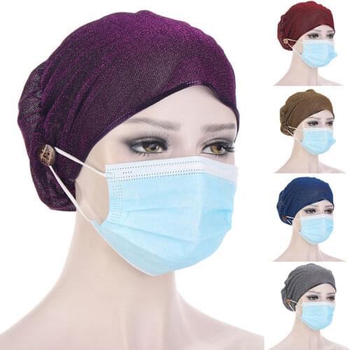 Shiny Solid Color Turban Head Wrap Band Knotted Scarf Bandana Cap Button Chemo Hat Bandana Hair Cap Nurse Mask Turban Head Wrap
