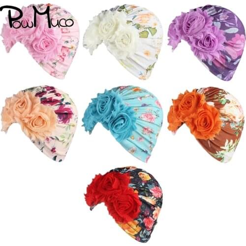 Powmuco Fashion Warm Polyester Cotton Newborn Indian Hats Cute Handmade Floral Baby Beanie Caps Sweet Print Hair Accessories