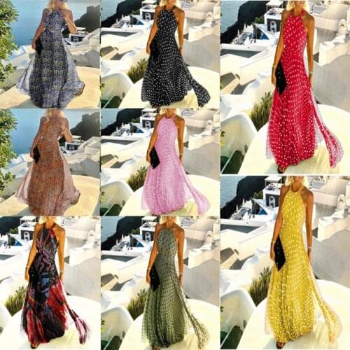 Summer Dress Sexy Halter Print Pleated Long Dress For Women Sweet O Neck Beach Maxi Dresses Sleeveless Elegant Boho Femme Robe