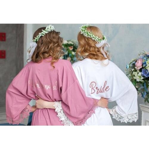 Blush silk lace bachelorette robe Nightwear customize pink flower girl bridesmaid Bathrobe birthday gift maid of honor nightgown