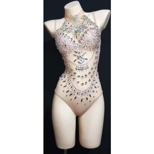 Sexy Perspective Crystal Leotard Female Singer Dancer Glass Stones Bodysuit Costume Womens Outfit Party Performance Wear