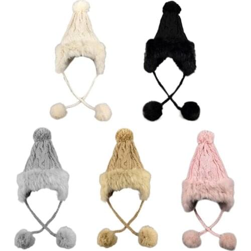 Women Winter Cable Knitted Trapper Hat Fluffy Plush Trim Thick Faux Fleece Lining Snow Ski Windproof Thermal Warm Pom Pom Beanie