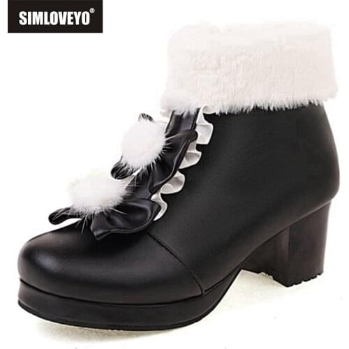 SIMLOVEYO Autumn Winter Fur Ankle Short Boots Round toe Chunky Heels Zip Flower Lolita Ladylike Small Big Size 30-43 Pink S2471