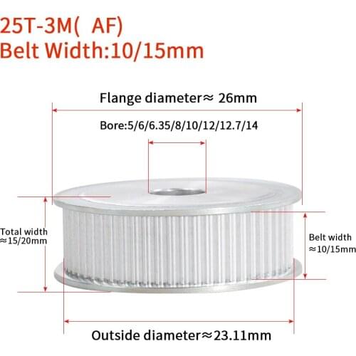 BYCDJ 25 Teeth HTD 3M Synchronous Timing Pulley Bore 5/6/6.35/8/10/12/12.7/14mm for Width 10/15mm AF 3M belt HTD3M pulley 25T