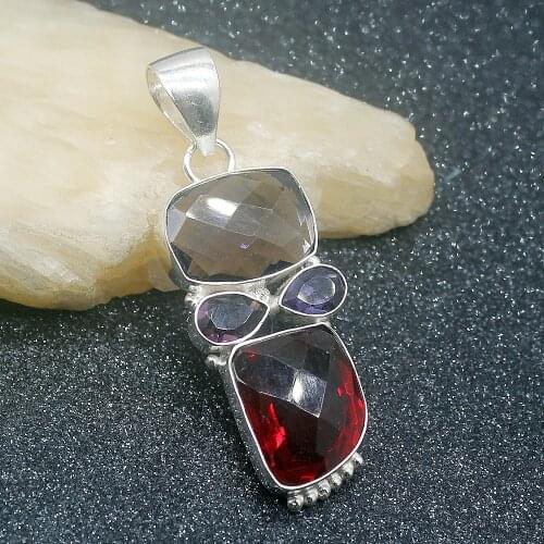 Glowing Shiny Red Garnet Purple Amethystt Silver Color Fashion Jewelry Pendant Necklace 60mm HD465