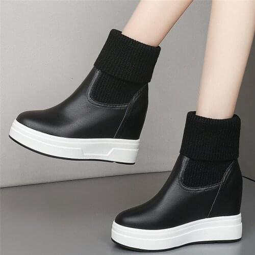 Knitting Oxfords Shoe Women Genuine Leather Wedges High Heel Ankle Boots Female High Top Round Toe Fashion Sneakers Casual Shoes