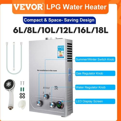 LPG Water Heater 6L/8L/10L/12L/16L/18L 36KW Instant Liquefied Petroleum Gas Water Heater Stainless Steel Boiler Kit Portable