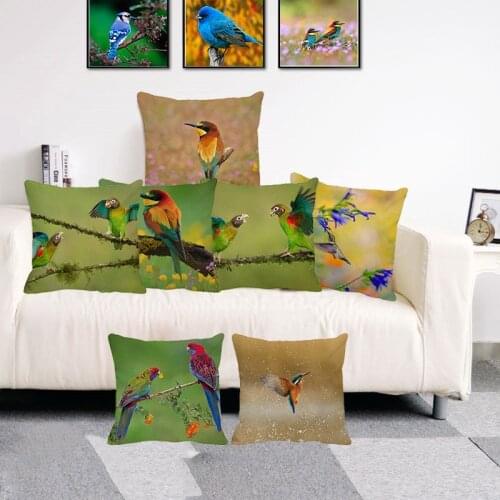 XUNYU 45x45cm Cushion Cover Cute Colorful Bird Throw Pillow Case Linen Cushion Case Sofa Bed Decorative Pillowcase C0025