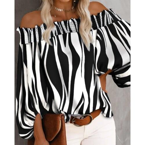 2021 Women Plus Size Off Shoulder Stripe Print Long Sleeve Smoking Blouse