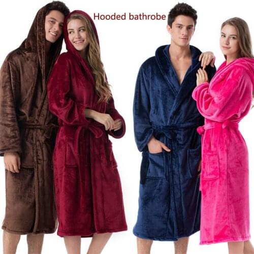 Autumn Winter Mans Womans Couples Hooded Flannel Robes Pajamas Plus Velvet Warm Nightgown Kimono Bathrobe Home Clothes Sleepwear