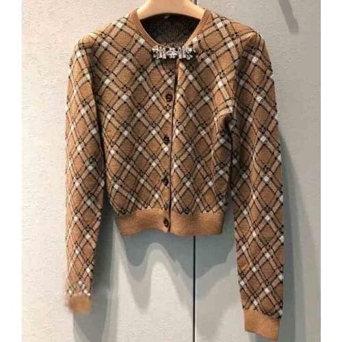 Women 2021 Autumn Winter Cardigan Wool Knitted Jacekt O-Neck Crystal Brooch Vintage Plaid Knitted Sweater Coat New