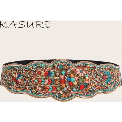KASURE Bohemian Fashion Woman Belt Gypsy Stunning Boho Style Waistband Resin Beads Shell Belly Chain Wax Rope Wide Handmade Belt