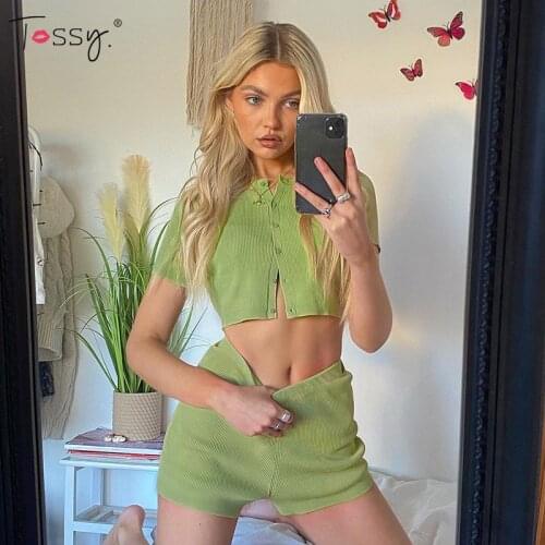 Tossy Rib Knitted Two Piece Set For Women 2021 Summer Single Breasted Top Casual Cotton Soft Tracksuit Female Loungewear New