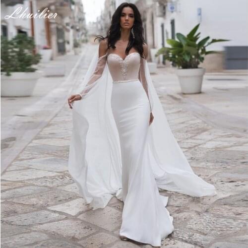 Lhuilier Sexy Mermaid Satin Wedding Dresses 2020 Floor Length Crystal Beaded Long Sleeves Bridal Dress with Cape