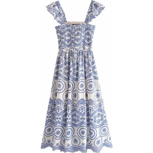 Za womens 2021 summer new dress temperament was thin and chic ruffled long hollow embroidery strap dresses vintage vestidos