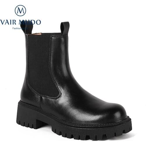 VAIR MUDO Ankle Boots Shoes Thick Bottom Round Toe Black Brown Modern Boots Waterproof Platform Concise Solid Shoes DX178-C