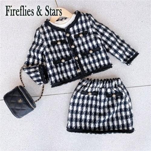 Spring Autumn girls 2 pcs set baby coat + mini skirt kids suit children brand clothes plaid grid gunny woven button 3 to 8 yrs