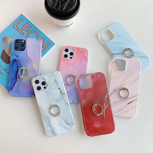 Classic Marble Ring Holder Phone Case for iphone11 12ProMax XR XS 7 8 Plus Luxury Frosted Four Corner Airbag Anti-Drop IMD Cover