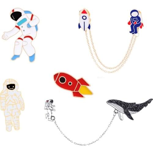 Space Travel Astronaut Rocket Enamel Pin Cosmic Spacecraft Whale Lapel Pins for Women Men Spaceman Universe Badge Brooch Jewelry