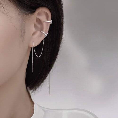 Luckydays 1pcs Korean Trendy Tassel Earrings For Women Long Clip Earring Zircon Cross Ear Cuff Clip Fashion Jewelry Gift