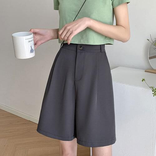 LYZCR Women Summer Knee Length Pants Capris Female Loose Wide Leg Short Suit Pants High Waist Straight Shorts Black Casual