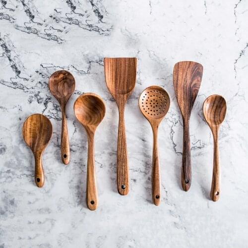 Natural Teak Wooden Long-handled Non-stick Soup Spoons Rice Scoop Thin Shovel Spatulas Skimmer Cooking Kitchen Table Tool Set