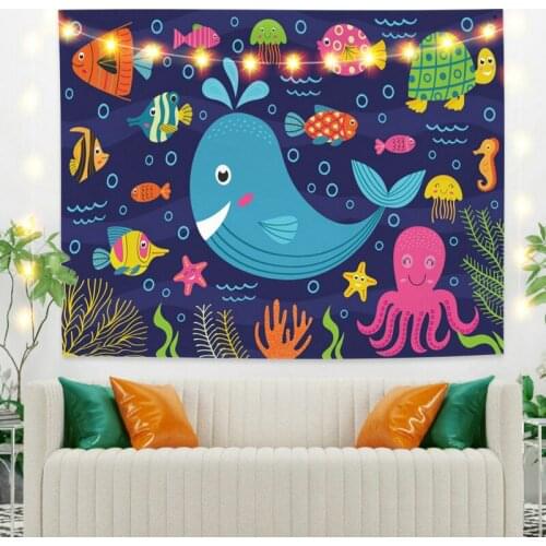 Cartoon Fish Landscape Tapestry Vintage Exotic Summer Plant Nature Frame for Bedroom Photography Wall Decor