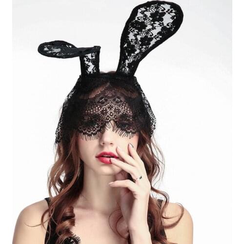 Sexy Black Lace Masquerade Rabbit Bunny Ears Exotic Accessories Women Halloween Costume Party Lace Eye Mask Headwear