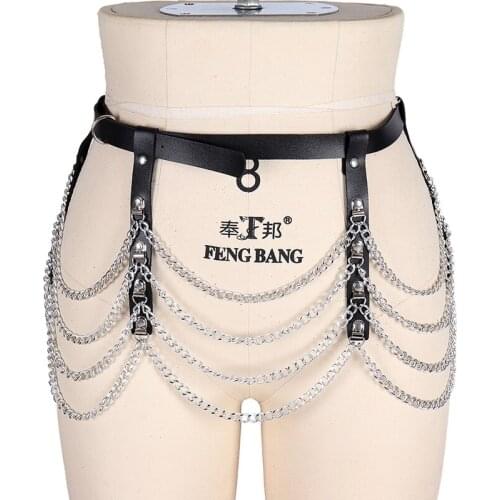 Sexy Pub Female Leather Cage Skirt Belts Punk Gothic Rock Harness Waist Metal Chain Body Bondage Hollow Belt Accessory For Women