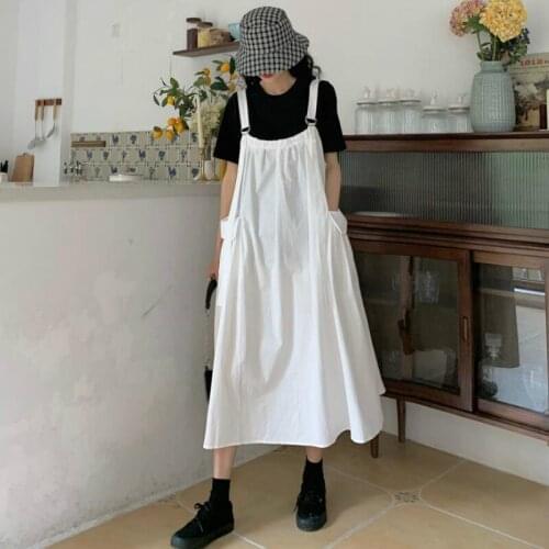 Dress Women Sleeveless Baggy Solid Pockets Harajuku Preppy Style Summer Dresses Strappy Maxi Japanese Simple Leisure All-match