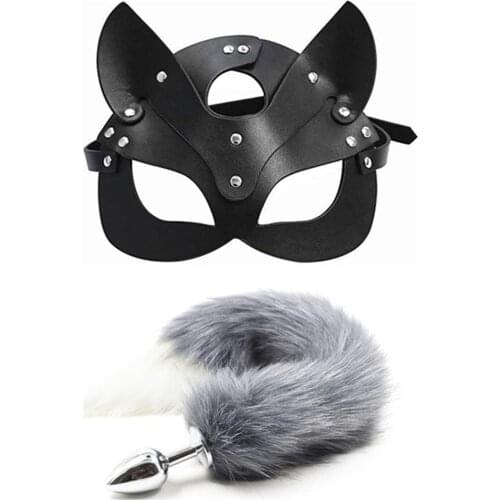 Gray stitching tail Sex toys for woman Sexy mask and anal plug fox tail cosplay cat face mask Couple sex toys Fetish SM