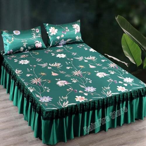 Silk Bedding Set Luxury Lace Bed Linen Heighten Bed Skirt Queen Bed Mattress Vivid Printing Double Bed Sheets with Pillowcases