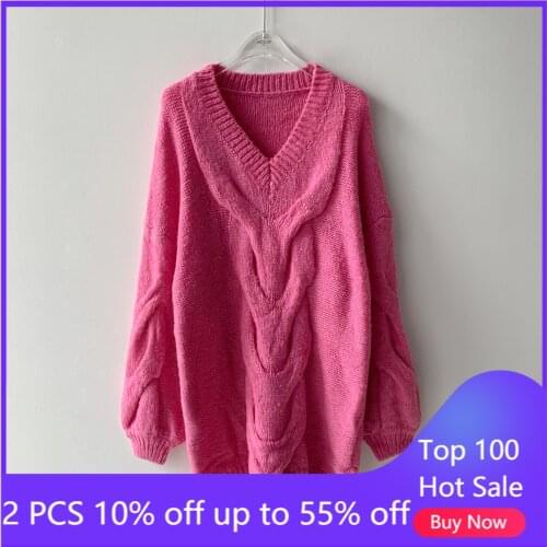 Chic white v-neck loose knitted sweater for women autumn winter pullover 3585