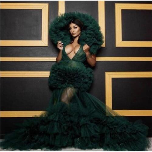 Modern Puffy Bride Sleepwear Robes With Hat Soft Tiered Tulle Sexy V Neck Long Sleeve Custom Made Women Sleepwear Pajamas