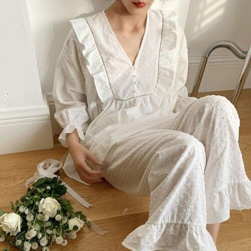Spring Autumn Cotton V-neck Cardigan Womens Pajamas Sets Sweet Female Long Sleeve Kimono Pyjamas Loose Sleepwear Suits