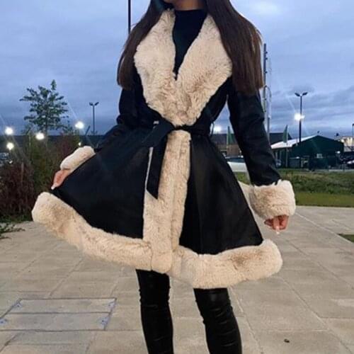 Women Fashion PU Leather Tie Belt Waist Long Coats 2021 Side Pockets Jackets Elegant Solid Faux Fur Jacket Female Overcoat Lady