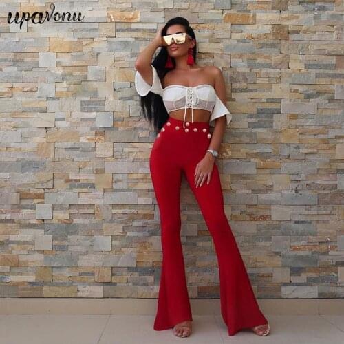 2020 New Flare Pants Women Sexy Skinny Pant High Waist White Red Black Trousers Party Bodycon Bandage Pants Party Pants Trousers
