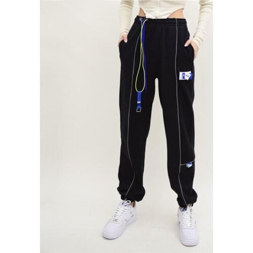 WOMENGAGA Women Reflective Striped Sweatpants With Elasticated Drawstring Waist Detail Casual Loose Women Korean 0IMX