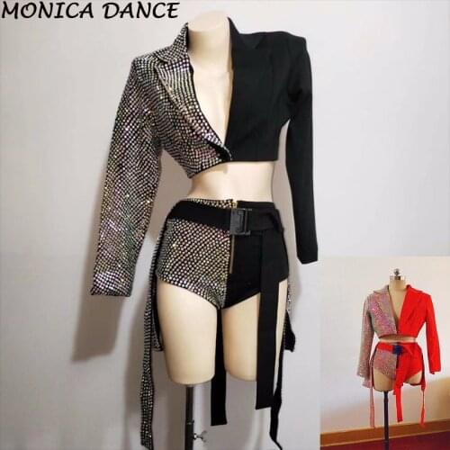 Women Sparkly AB Rhinestones Outfit Black Red Blazer Short Design Party 2 Pieces Set Dj Female Singer Nightclub Dance Costumes