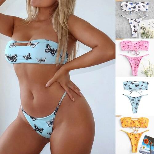 Women Two Piece Butterfly Print Split Sets Plus Size Beachwear Swimsuit Bikini Swimwear Women Plus Size Bathing Suit Women