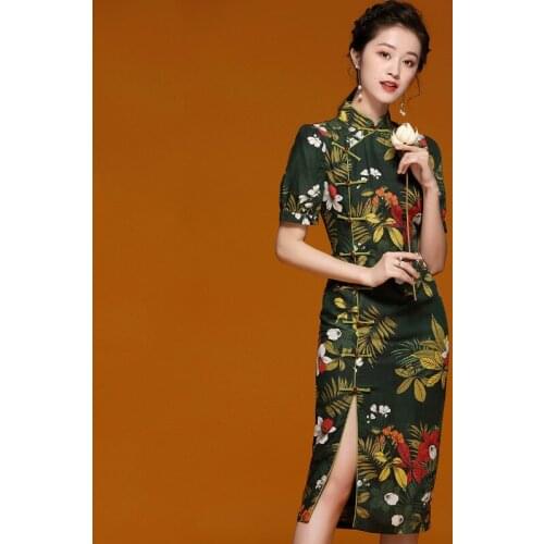 Summer Dress Women Chinese Style Fashion Vintage Printed 2020 Stand Collar Short Sleeved Ladies Daily Long Cheongsam Dress S-XXL