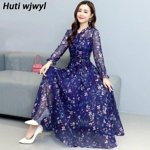 2021 Autumn Winter Floral Chiffon Vintage Midi Dress Plus Size Boho Beach Maxi Dresses Women Bodycon Party Casual Black Vestidos