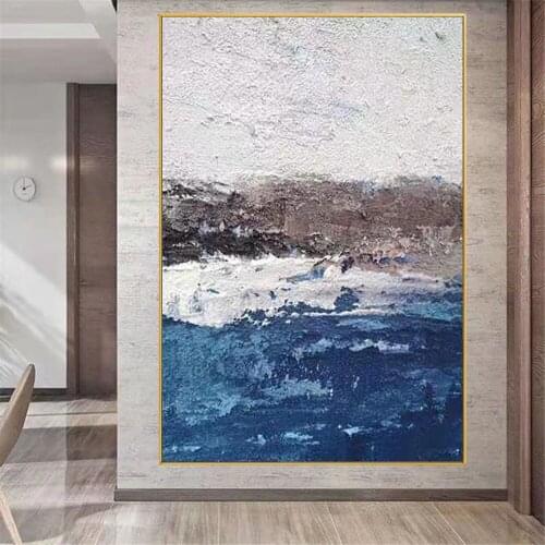100%Hand painted oil painting white blue thick oil texture canvas wall painting abstract poster modern home office decor picture