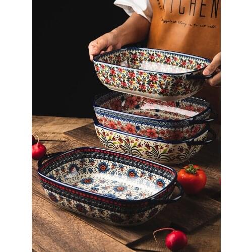 1900ml Ceramic Salad Bowl Household Oven Breakfast Bake Pan Microwave Bohemia Binaural Soup Bowl In-glaze Tableware